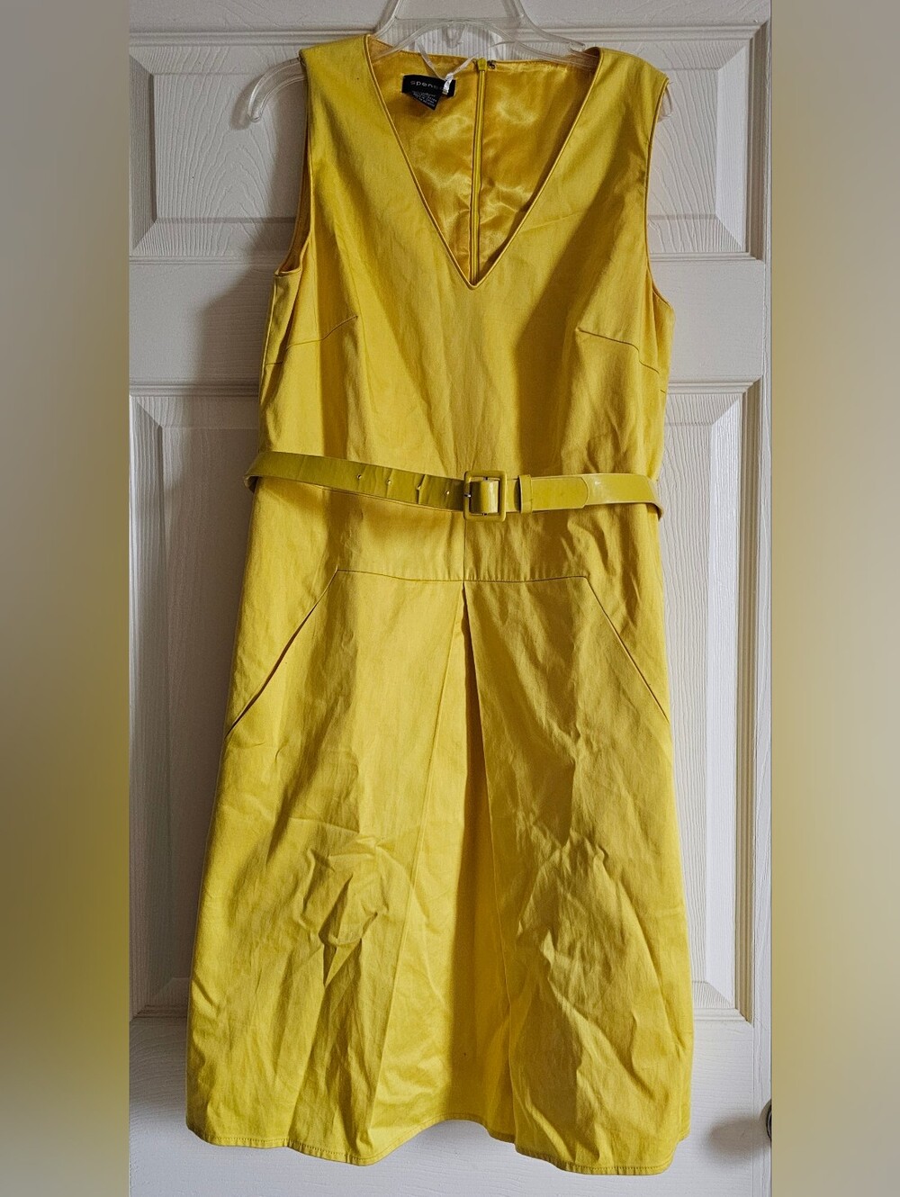 Spense Bright Yellow V-Neck Sleeveless Belted Dress Size 8